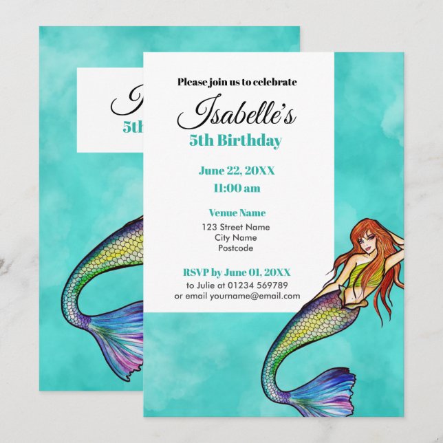 Beautiful Rainbow Mermaid with Long Hair Invitation (Front/Back)