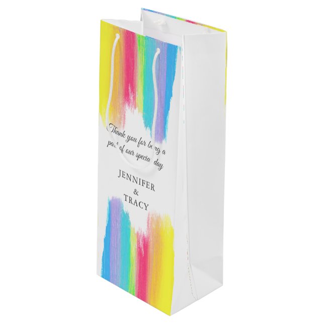 Beautiful Rainbow Personalised LGBTQ Wedding Wine Gift Bag (Front Angled)