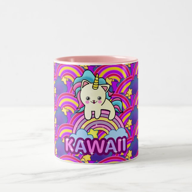 Beautiful Rainbow Pretty Kawaii Unicorn Cat Two-Tone Coffee Mug (Center)