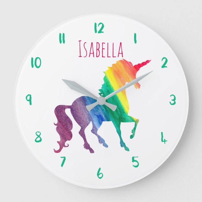 Beautiful Rainbow Unicorn Personalized Kids Girly Large Clock (Front)