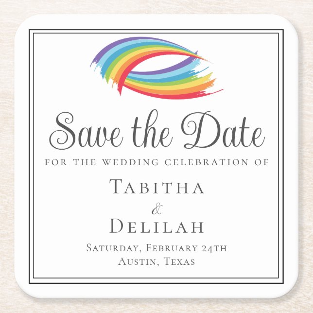 Beautiful Rainbow Waves LGBT Save the Date Square Paper Coaster (Front)