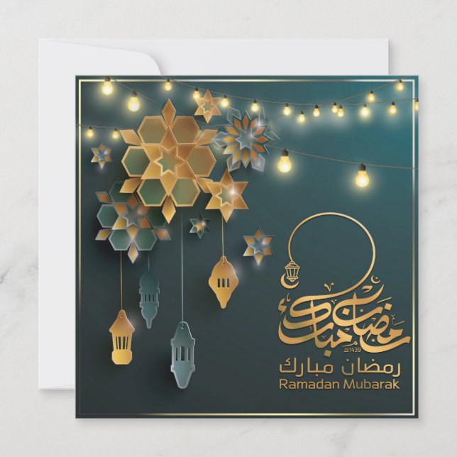 Beautiful Ramzan Mubarak Golden & Blue Typography Holiday Card (Front)