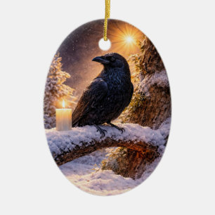 Beautiful Raven Candle in the Snow Yule Solstice Ceramic Tree Decoration