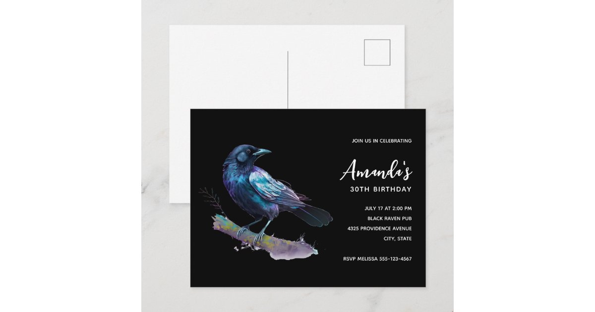 Beautiful Raven on a Tree Branch Birthday Invitation Postcard | Zazzle