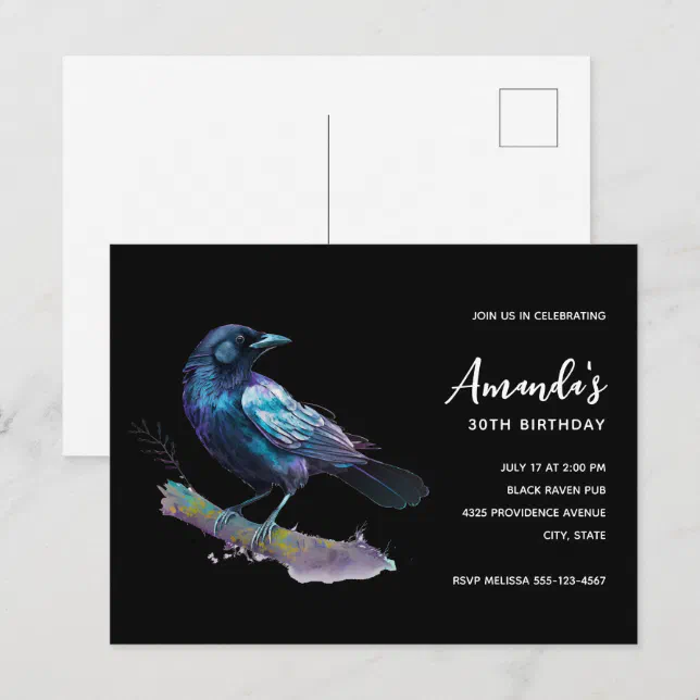 Beautiful Raven on a Tree Branch Birthday Invitation Postcard | Zazzle