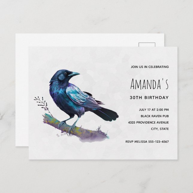 Beautiful Raven on a Tree Branch Birthday Invitation Postcard (Front/Back)