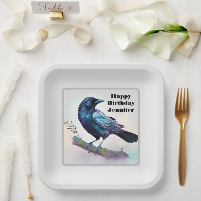 Beautiful Raven on a Tree Branch Birthday Paper Plate (Wedding)