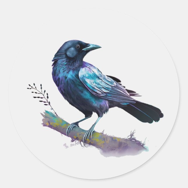 Beautiful Raven on a Tree Branch Classic Round Sticker (Front)