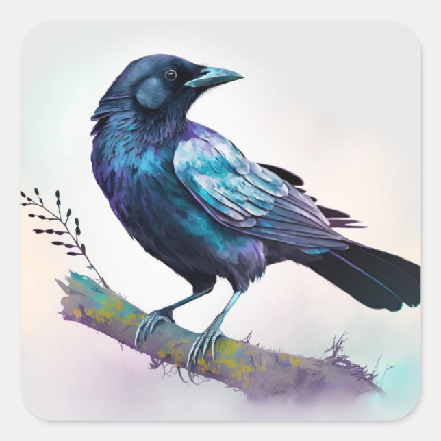 Beautiful Raven on a Tree Branch Square Sticker (Front)