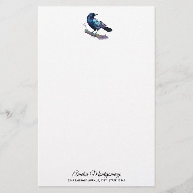Beautiful Raven on a Tree Branch Stationery (Front)