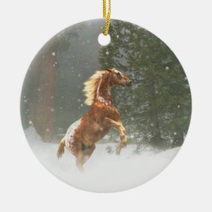 Beautiful Rearing Appaloosa Horse in the Snow Ceramic Tree Decoration
