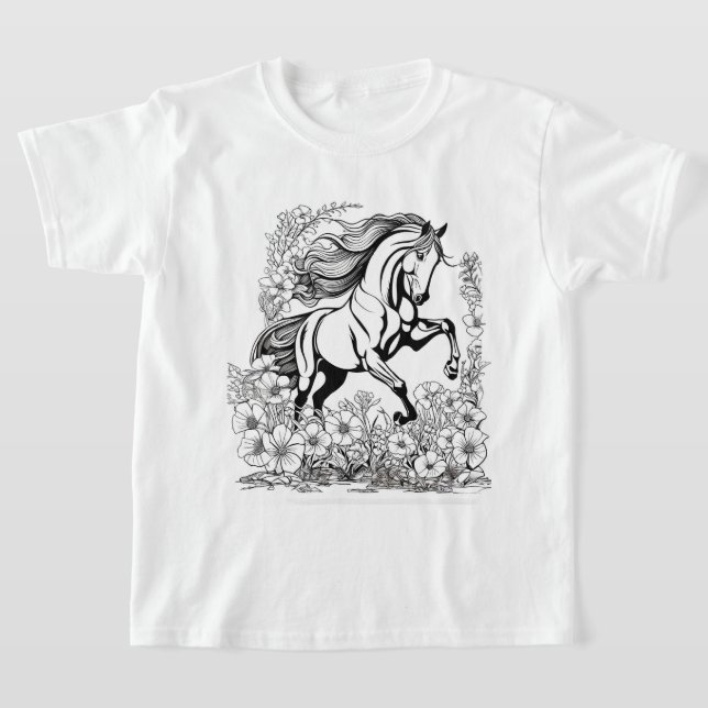 Beautiful Rearing Horse & Flowers Paint a  T-Shirt (Laydown)