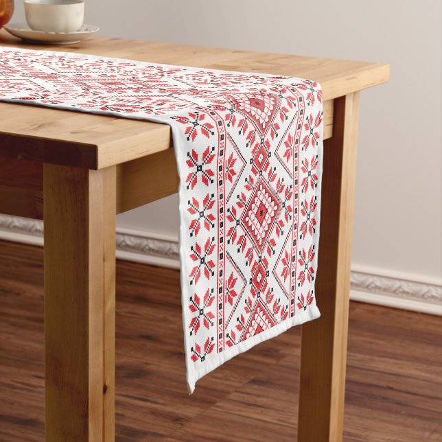 Beautiful Red and Black Southwestern Knit Pattern Short Table Runner (In Situ)