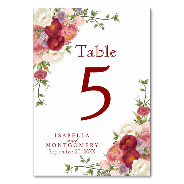 Beautiful Red and Pink Floral Table Number (Front)