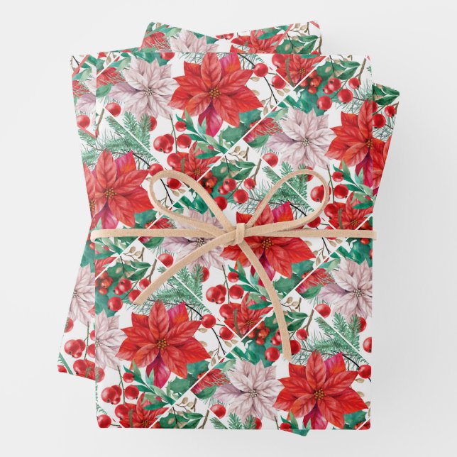 Beautiful red and white Christmas poinsettia Wrapping Paper Sheet (In situ)