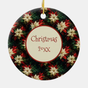 Beautiful Red and White Poinsettias Ceramic Tree Decoration