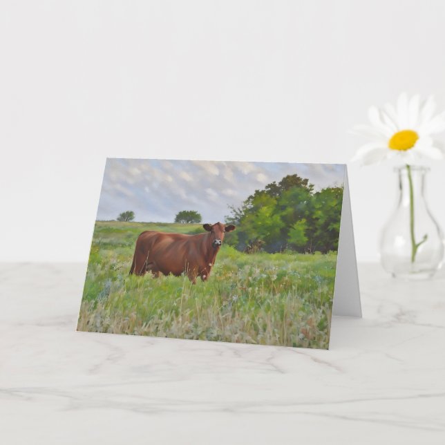 Beautiful Red Angus Cow Farm Art Note Card (Small Plant)