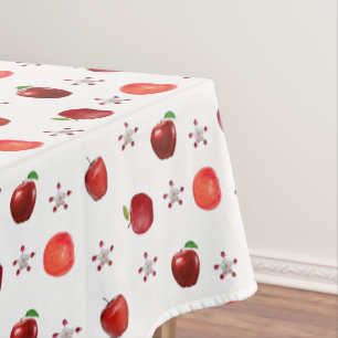 Beautiful Red Apples & Apple Flowers on White Tablecloth