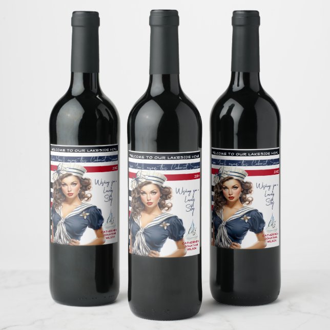 Beautiful red blue Nautical pin-up girl custom Wine Label (Bottles)
