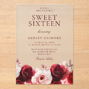 Beautiful Red & Blush Floral Sweet 16 Birthday Acrylic Invitations