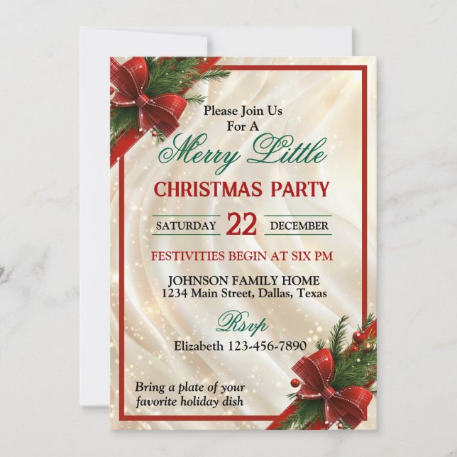 Beautiful Red Bow and Ribbon Christmas Party Invitation (Front)