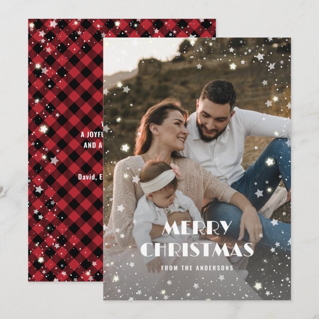 Beautiful Red Buffalo Plaid Snow Starry Photo Holiday Card (Front/Back)