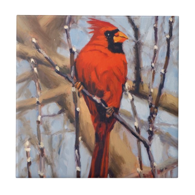 Beautiful Red Cardinal Bird in Bare Tree Tile (Front)