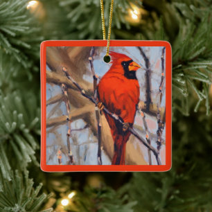 Beautiful Red Cardinal Bird In Tree Ceramic Ornament