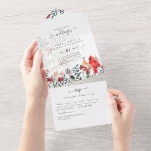Beautiful RED CARDINAL Birds Wedding All In One Invitation