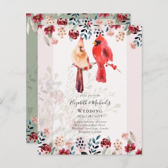 Beautiful RED CARDINAL Birds Wedding Invitation (Front/Back)
