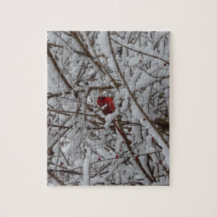Beautiful Red Cardinal in Snow Filled Tree Puzzle