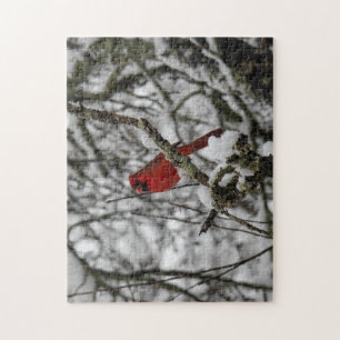 Beautiful Red Cardinal in Snow Filled Tree Puzzle