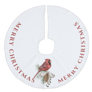 Beautiful Red Cardinal, Merry Christmas Faux Linen Tree Skirt
