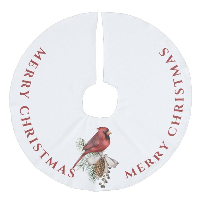Beautiful Red Cardinal, Merry Christmas  Faux Linen Tree Skirt (Front)