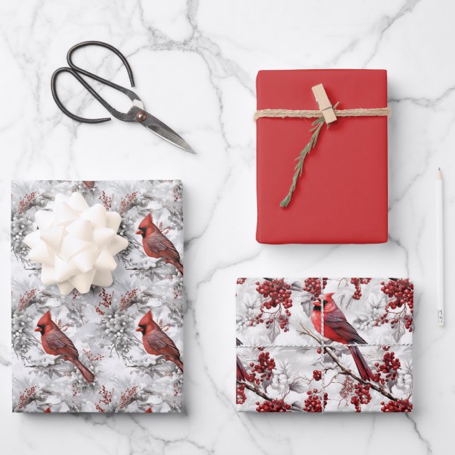 Beautiful Red Cardinal on Snowy Branch Winter Wrapping Paper Sheet (Front)