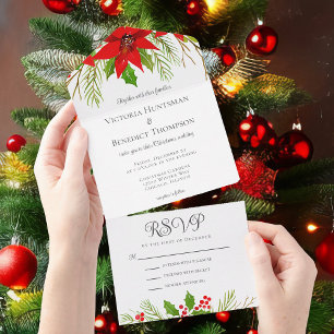 Beautiful Red Christmas Poinsettia Floral Wedding All In One Invitation