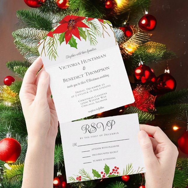 Beautiful Red Christmas Poinsettia Floral Wedding All In One Invitation (Creator Uploaded)