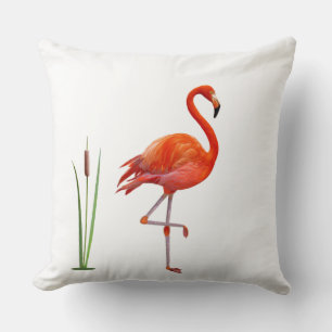 Beautiful Red Flamingo Bird & Reed Plant on White Cushion