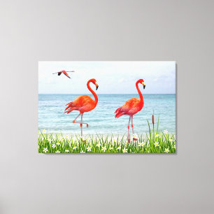 Beautiful Red Flamingos near White Flowers Canvas  Print