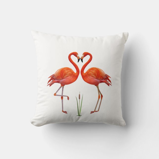 Beautiful Red Flamingos & Reed Plant on White Cushion (Front)