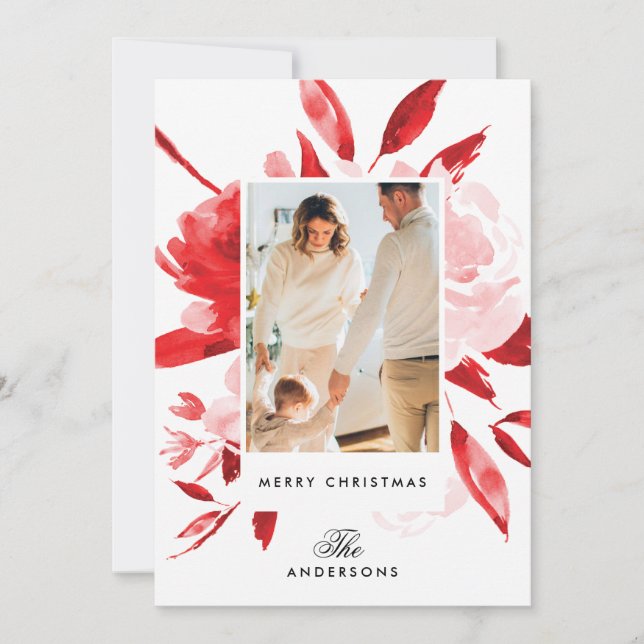 Beautiful Red Floral Christmas Holiday Photo Card (Front)