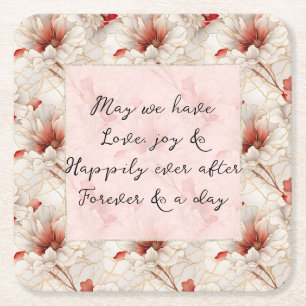 Beautiful Red Floral Romantic Wedding Square Paper Coaster