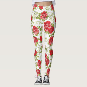 Beautiful Red Floral Roses Pattern Leggings