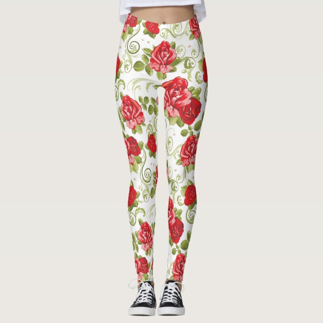 Beautiful Red Floral Roses Pattern Leggings (Front)