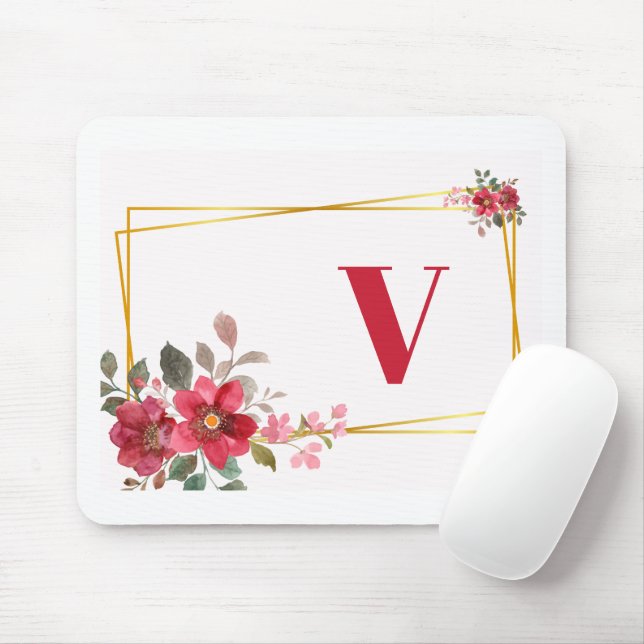 Beautiful Red Floral with Gold Frame Monogram Mouse Mat (With Mouse)