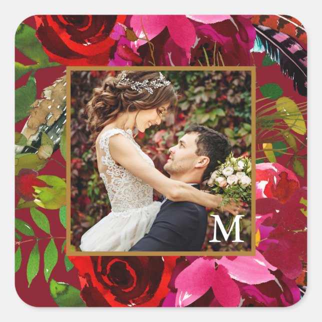 Beautiful Red Floral with Monogram Photo Christmas Square Sticker (Front)