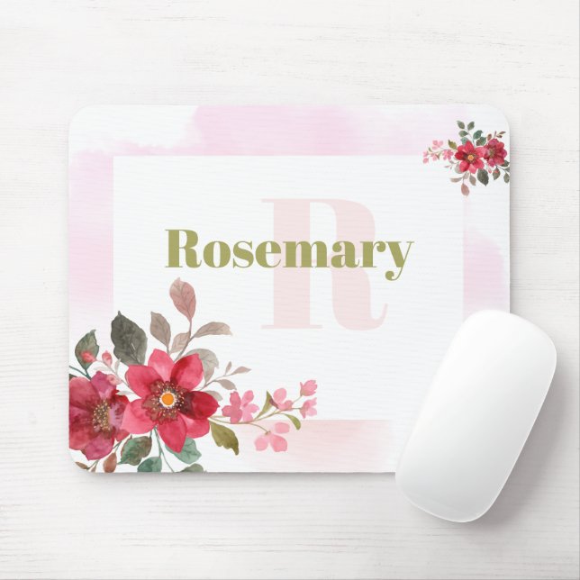 Beautiful Red Floral with Pink Border Monogram Mouse Mat (With Mouse)