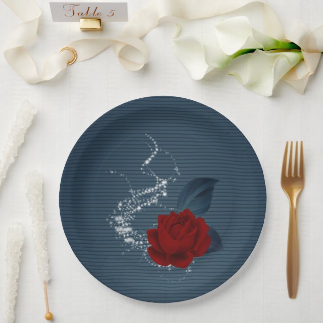 Beautiful red flower & navy leaves paper plate (Wedding)