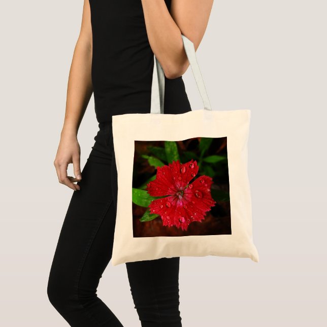 Beautiful Red Flower With Raindrops Photo Tote Bag (Front (Product))