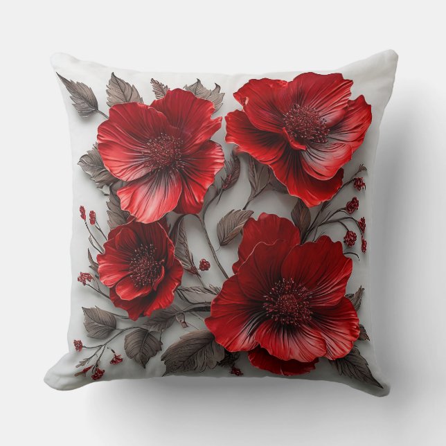 Beautiful Red Flowers and Leaves Cushion (Front)